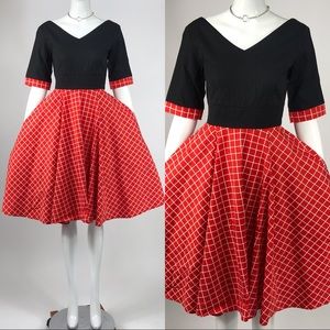 Vtg 50s rockabilly style red circle skirt dress